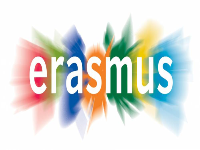 Изображение с надпис "Erasmus", бял фон с червеним синим оранжеви, жълти и тъмно сини петна
