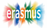 Изображение с надпис "Erasmus", бял фон с червеним синим оранжеви, жълти и тъмно сини петна